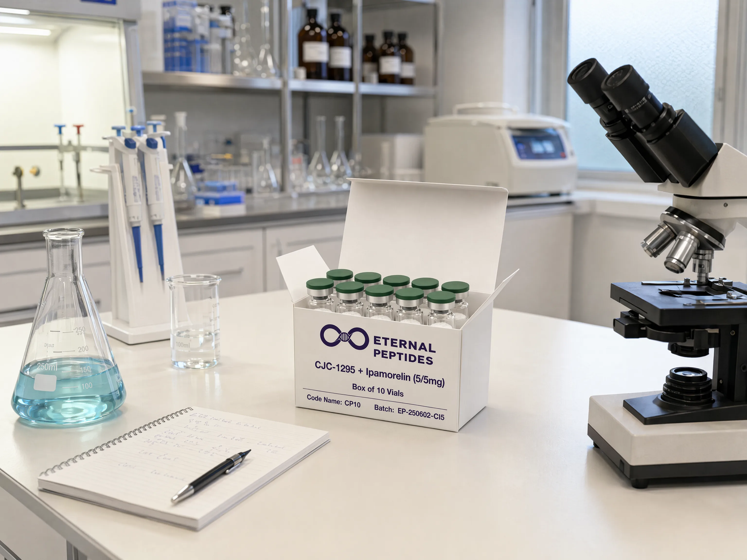 CJC-1295 and Ipamorelin research peptide product in laboratory setting