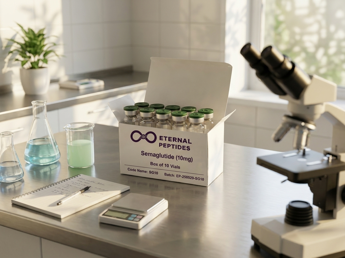 Semaglutide product scene on a laboratory table