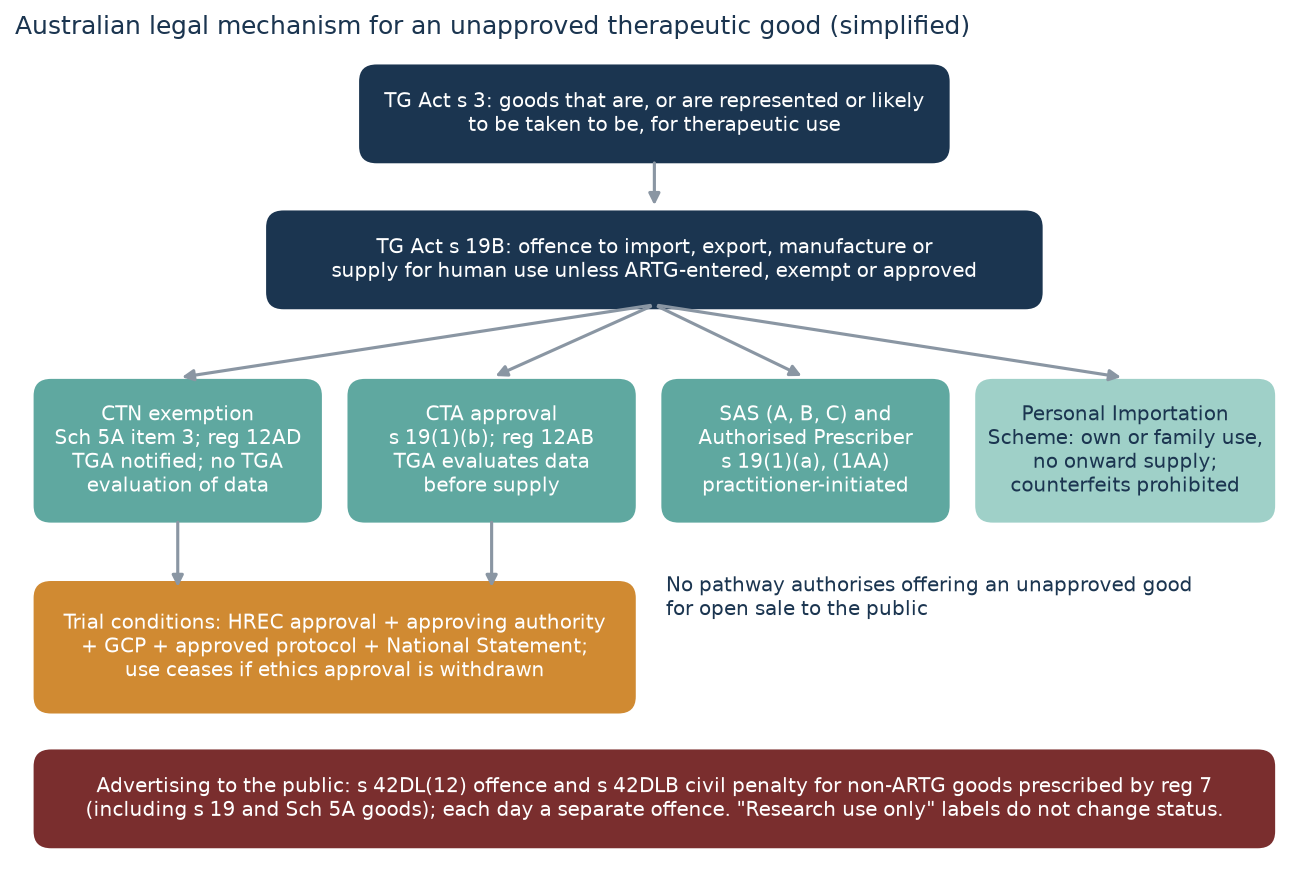 CBL-514 Australia legal pathway flowchart from the Therapeutic Goods Act definition and section 19B offences to the clinical trial, special access and advertising provisions that apply to an unapproved good